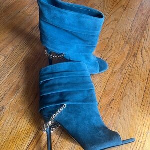 Guess Teal Suede Heeled Boots with Chain Accent